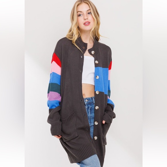 COLOR BLOCK BUTTON DOWN CARDGAN WITH POCKET - Picture 1 of 4